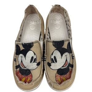 Disney Women's Mickey Mouse Crocs Slip On Canvas Loafer, Tan, Size 7